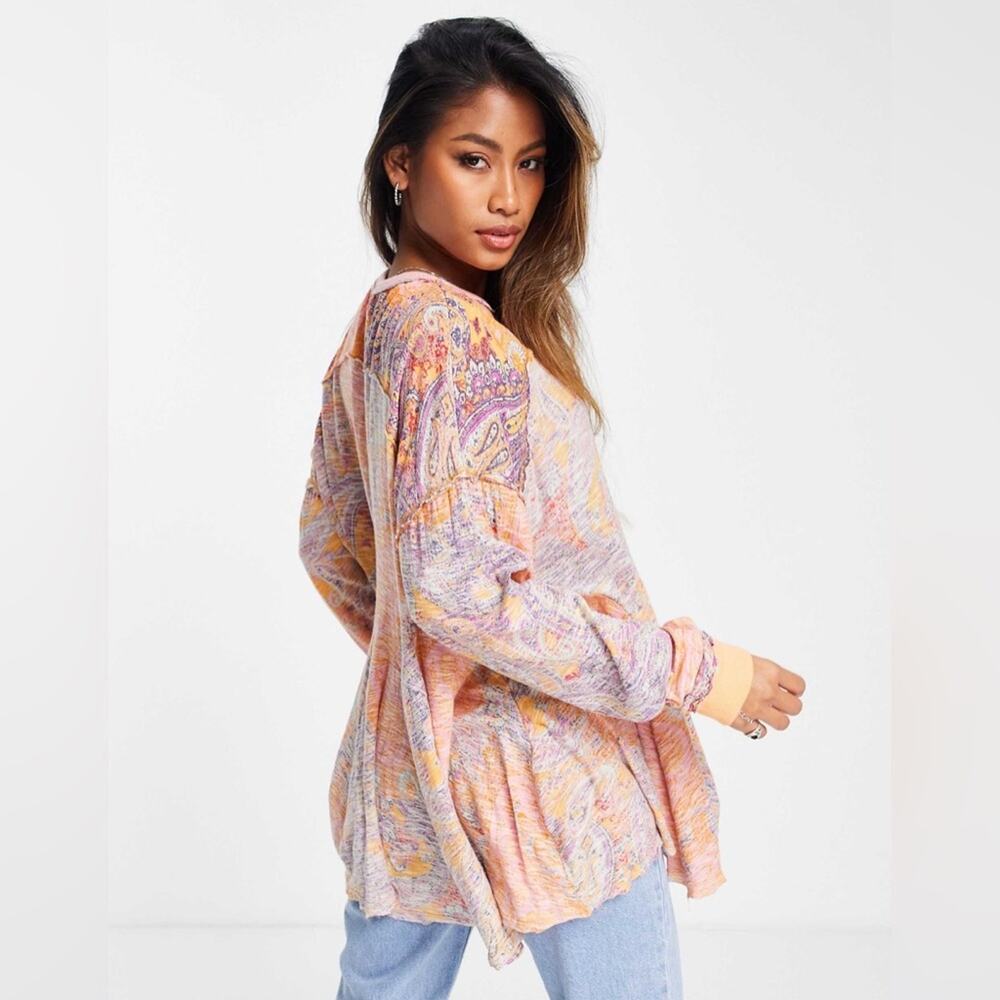 Free People Making Circles Long Sleeve T-Shirt Paisley Orange Oversized XS - Picture 2 of 9